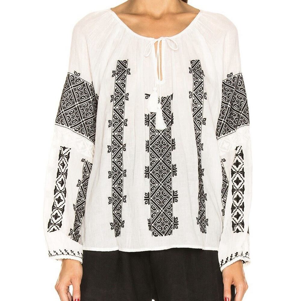 Nili Lotan Alassio Embroidered Peasant Blouse Womens M White Boho